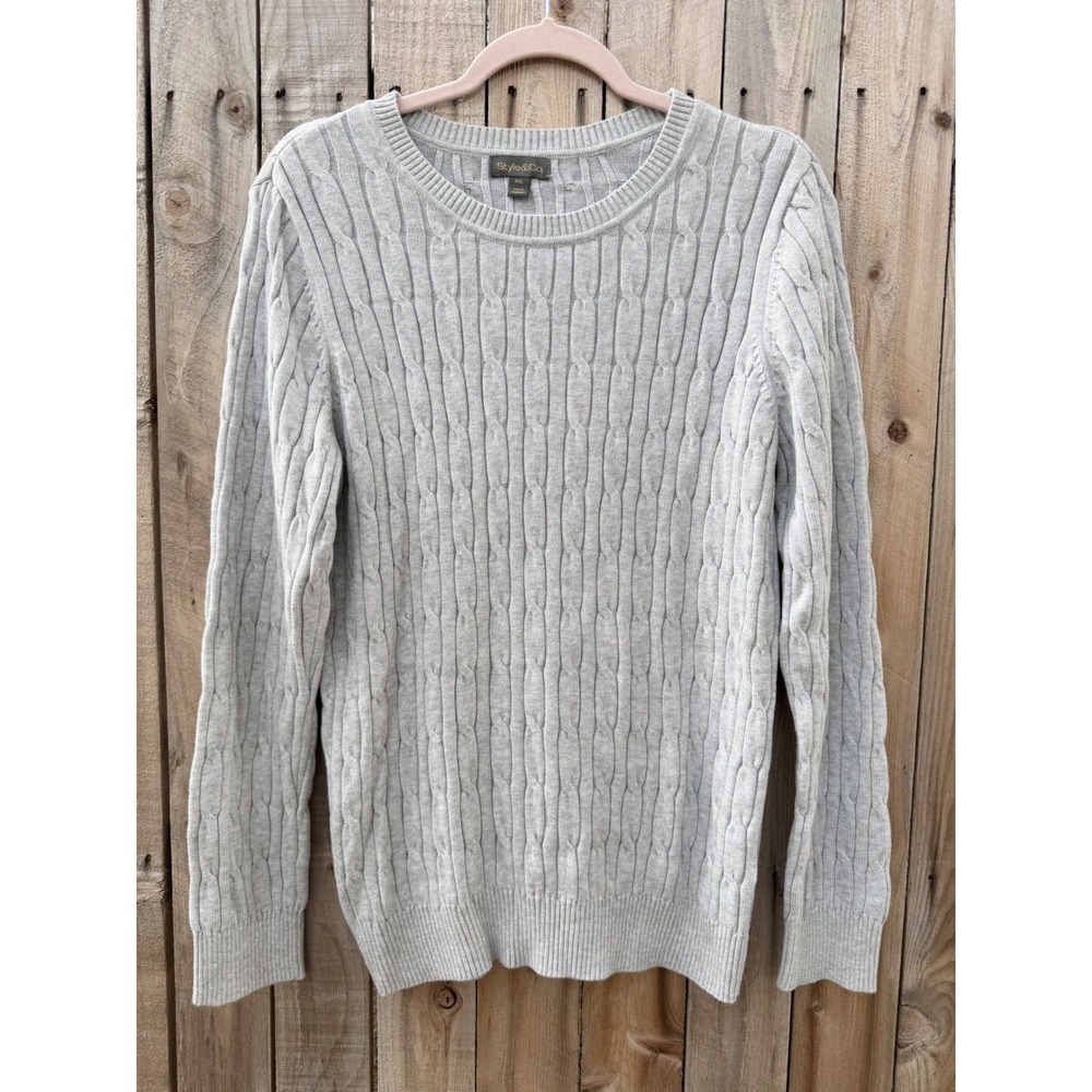 Style & Co PXL Gray Cable Knit Sweater Preppy Coastal Dark Academia Retro PXL